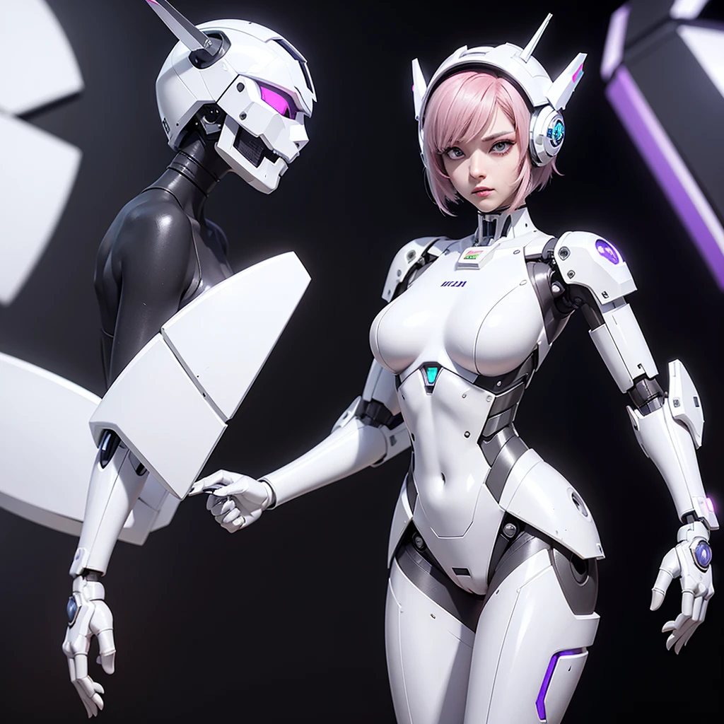 a girl with a full white cyborg body, featuring sleek and high-tech components. She has short pink hair, purple eyes, and an angry expression. She is wearing a robot mask that partially obscures her face, with her polished mechanical limbs and torso emphasizing her intense emotions. ((white robot mecha helmet)), ((white cyborg body))