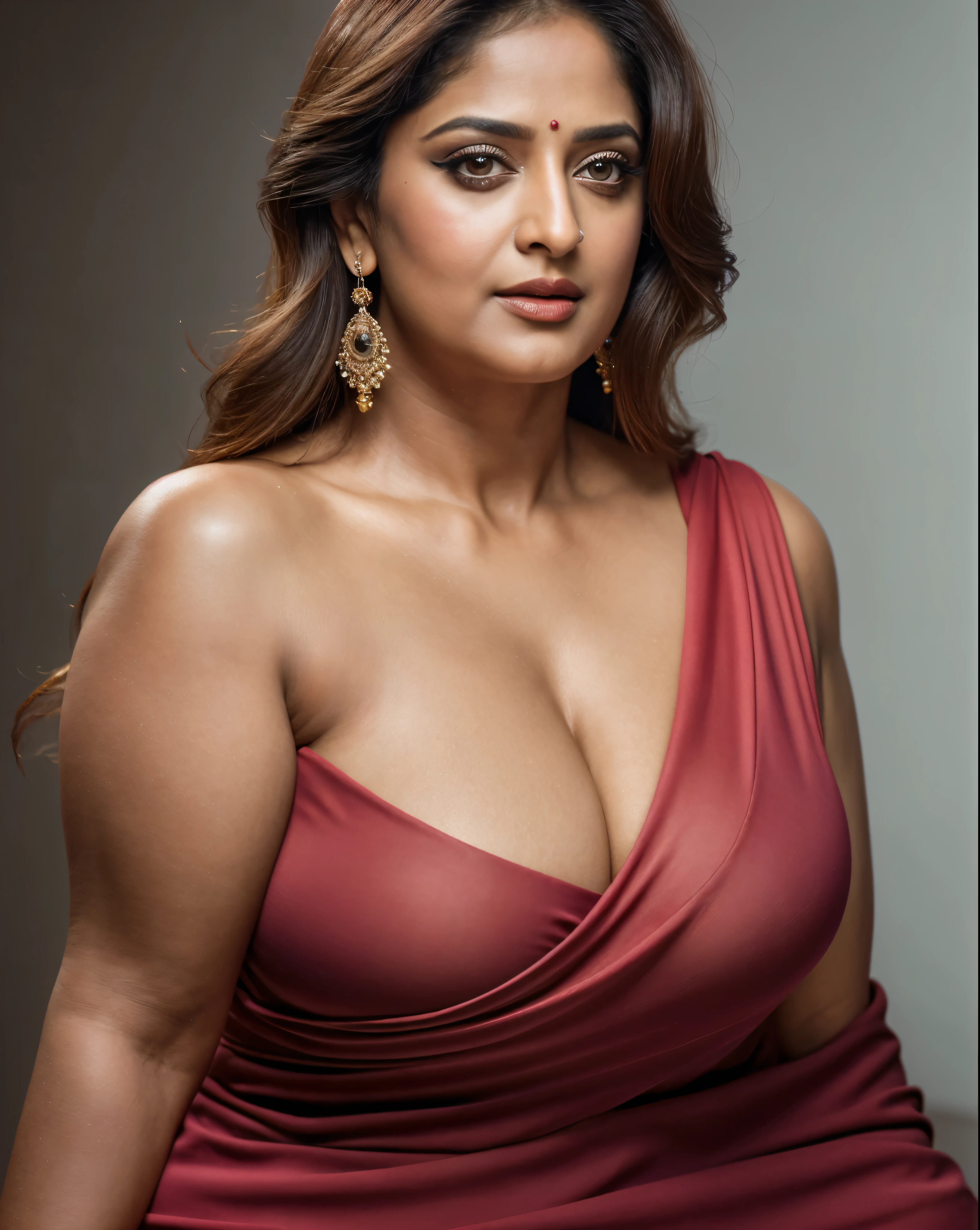 50yo mature MILF Anushka Shetty,((best quality)), ((masterpiece)), ((realistic)), eye kajal, eye liner, mascara, light red lips, curvy hot mommy figure, sensual Beauty, provoking body, extreme sweat, sweat soaked skin, slight stretch marks, alluring figure,  bulging figure, thick charming lady, curvy, thick navel, full figured woman, eye kajal, massive breast, full body, styled hair, pierced eyes, female face,royal aura, trend on artstation , sharp focus, studio photo, intricate detail, very detailed, detailed eye, illustration, very detailed, sharp focus, digital render, professional, 4k