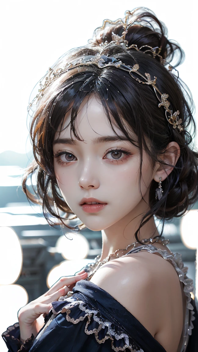 best quality, ultra hi res, photoreaslistic, a photography of a beautiful woman,  teenage, detailed face, black French twist, (detailed porcelain doll,delicate clothes with a lot of frills and ribbons), Urban street, (face close up), seductive look, looking at viewer