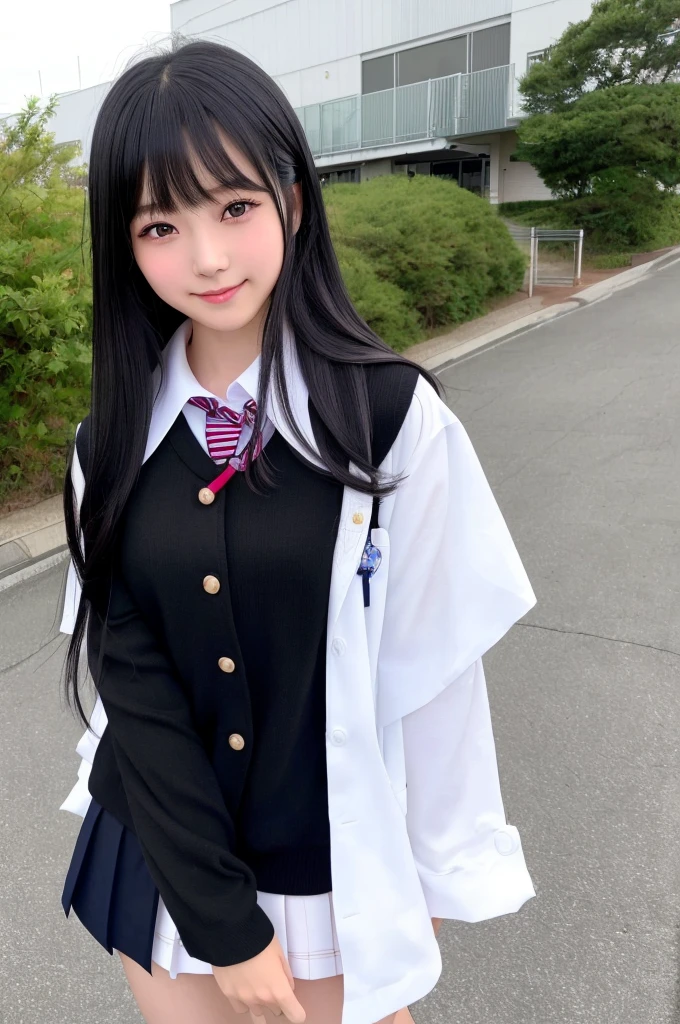 nsfw,(naked)、Beautiful nipples、、8k,Highest quality, Ultra-detailed, 超High resolution, Realistic, RAW Photos, Absurd, People Girl, Young and beautiful woman in Japan,Short bangs、 Super cute face, Attractive person, Long Bob Hair,smile,(school uniform:1.3),Beautiful Eyes,(the wind is strong:1.3), 混雑した道をsmileで歩く,Glossy Lips, Double eyelids on both eyes, Natural Makeup, Long eyelashes, shiny smooth black hair、Shiny skin, Center image, High resolution, Attention to detail, Detailed hairstyle, Detailed face, Octane Rendering, Vibrant, Ultra-realistic, Perfect limbs, Perfect Anatomy