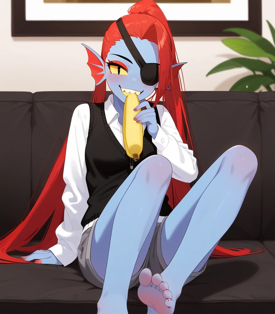 Fraction_9,Fraction_8_Direction_7_up, undyne from undertale, Grin, Sharp yellow teeth, Eye mask, black eyes, yellow sclera, Wearing a black vest, Grey shorts, Sitting on the sofa, in the living room, Cross your legs, barefoot, 5 toes, Claws