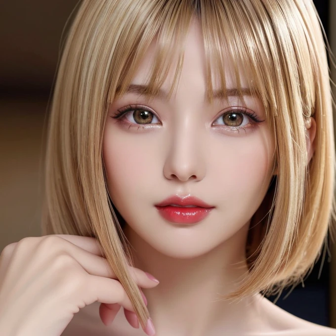 ((close-up photo of face:1.4))、(highest quality、table top、8k、best image quality、Award-winning work)、(one young girl, 14 years old:1.3)、(Perfect naked beautiful girl:1.5)、(red eyeshadow:1.2)、perfect makeup、long eyelashes、Super high-definition sparkling eyes、ultra high definition hair、ultra high resolution glossy lips、Super high resolution perfect teeth、Super high resolution cute face、bright blonde hair:1.4、(very short straight hair:1.1)、look at me and smile、[clavicle]、accurate anatomy、(close up of face:1.5)、Luxury love hotel、(The most moody warm lighting:1.2)、blurred background、With bangs、Super high-resolution glossy and moisturized face、Super high-resolution glowing skin、most detailed face、Ultra high resolution detailed faces、ultra high resolution hair、Super high resolution sparkling eyes、Beautiful face drawn in every detail、Super high resolution glossy red lips
