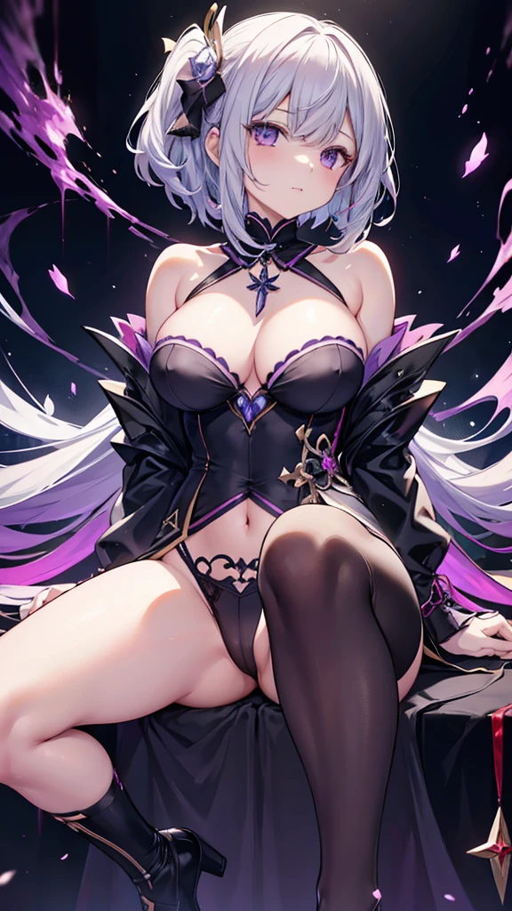 Silver Hair、Bobcut、Completely naked、blackい天使の羽を持つ女性、Big Breasts、Spread your legs、Nipples、vagina、羽根のモチーフが付いたblackい服、Her clothes are open, Exposed breasts and thighs、Show off your thighs、It also has a purple gem..、Official Anime Artwork, Ayaka Genshin Impact, Official artwork, black, Shalltear Bloodfallen, high detailed Official artwork, Detailed Key Anime Art, black photo, Ayaka Games Genshin Impact, Gap Moe Yandere Grimdark, Hajime Yatate, Fine details. Girls' Frontline