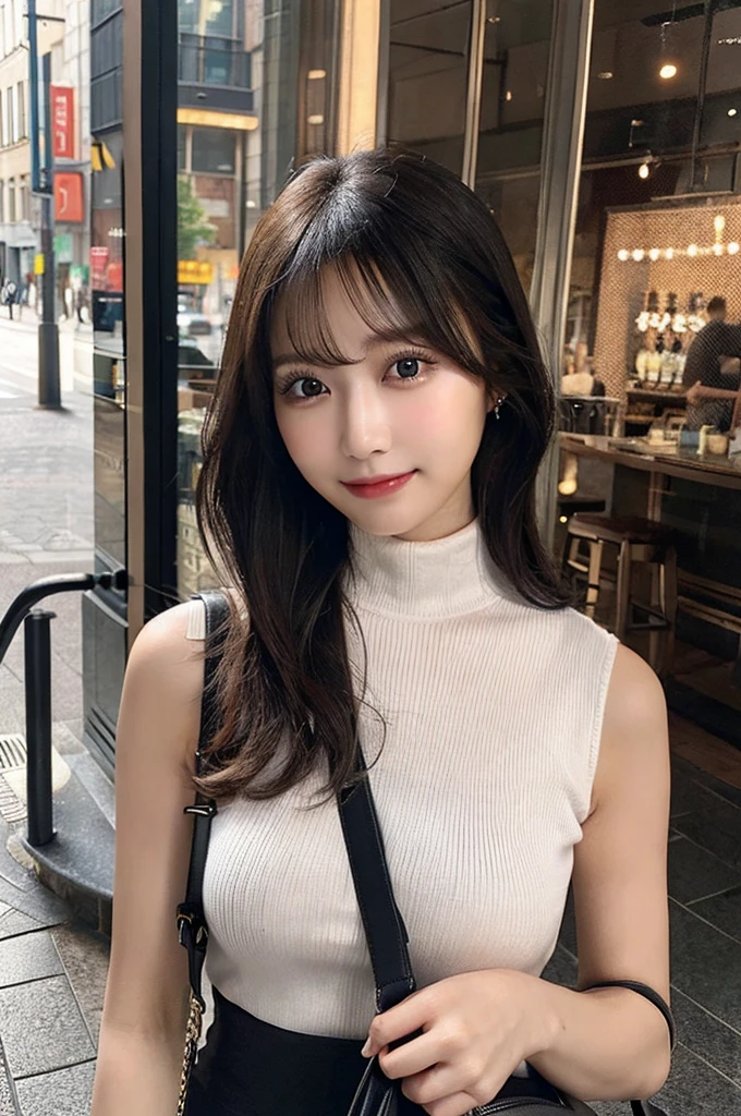 ((paisura))、Big Tits、(Carry your bag diagonally)、double eyelid、big 、Highest quality, shape, Very detailed, Fine details, High resolution, 8k, Perfect dynamic composition, Beautiful details, ,Natural color lip, A shy smile,Beautiful 20 year old woman、The only person, Correct posture、Cute type、Looking into the camera、Turtleneck Sleeveless、Black Hair、Upper Body
