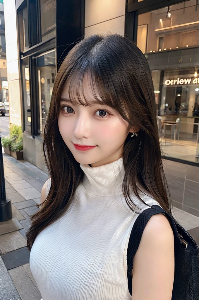 ((paisura))、Big Tits、(Carry your bag diagonally)、double eyelid、big 、Highest quality, shape, Very detailed, Fine details, High resolution, 8k, Perfect dynamic composition, Beautiful details, ,Natural color lip, A shy smile,Beautiful 20 year old woman、The only person, Correct posture、Cute type、Looking into the camera、Turtleneck Sleeveless、Black Hair、Upper Body