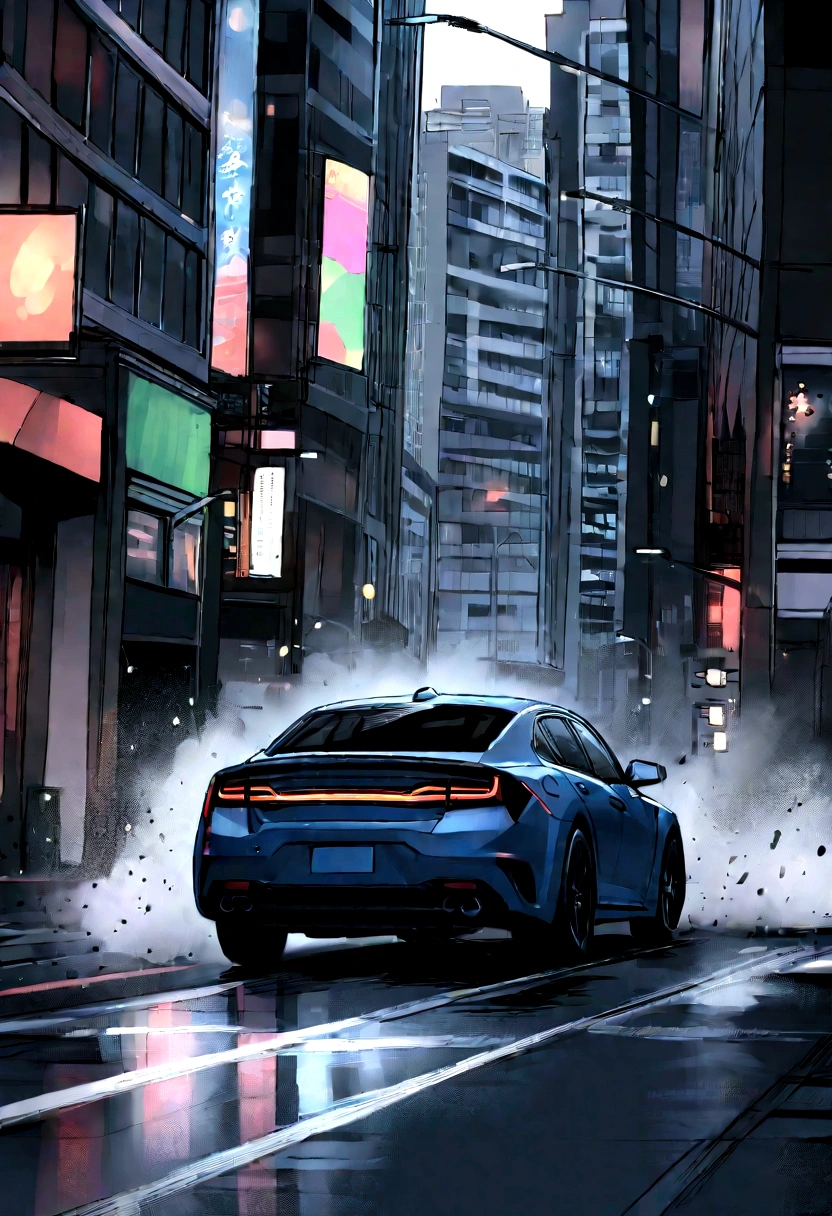 Capture a thrilling car chase scene on a busy city street. The cars should be moving at high speed, weaving through traffic with skyscrapers in the background. The lighting should be clear and bright, highlighting the action and creating a sense of urgency. Use a Canon EOS 5D Mark IV DSLR camera with an EF 70-200mm f/2.8L IS III USM lens to capture the car chase. --ar 16:9 --v 5.1 --style raw --q 2 --s 750