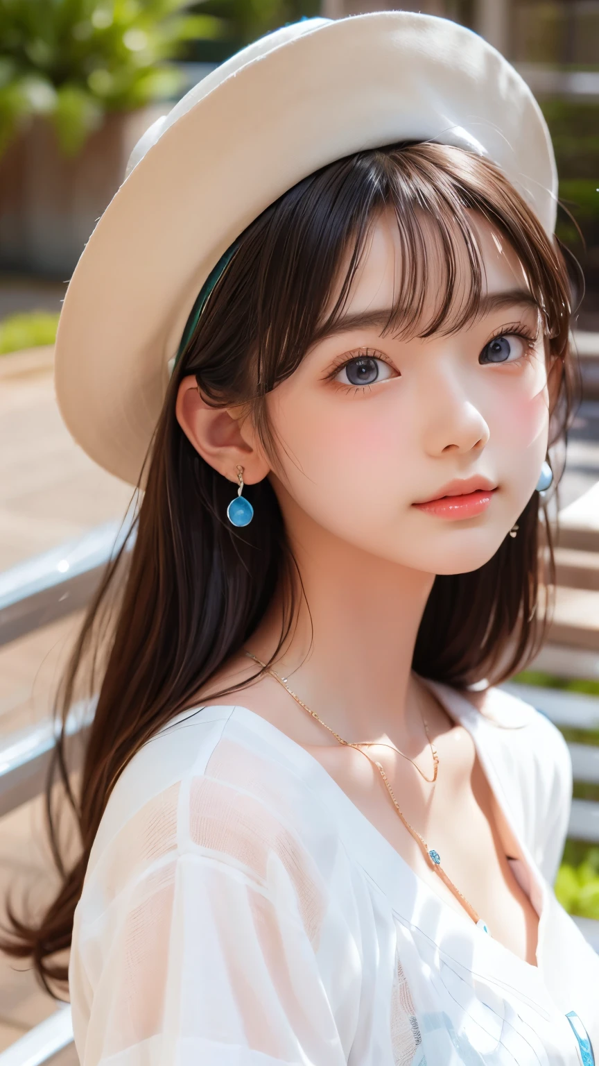 Portrait of a blonde girl in a white hat and a blue shirt , earrings, necklace