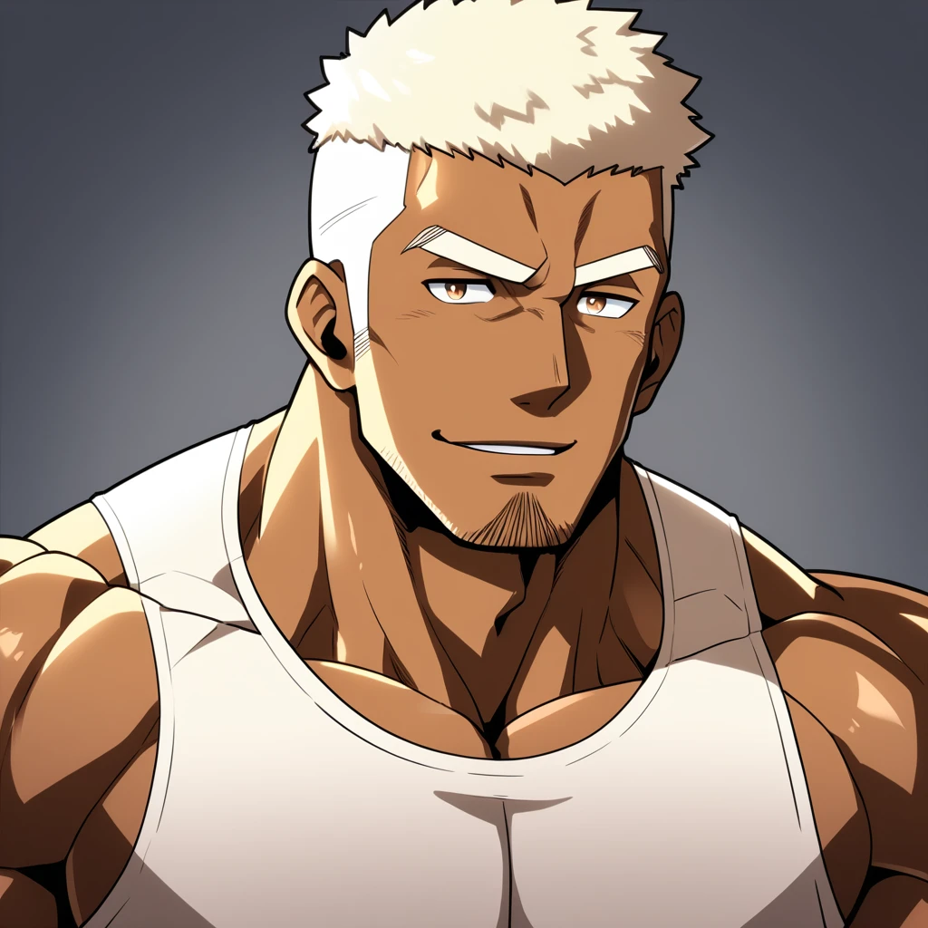 Young negro,anime characters:Gyee, Fitness coach, negro black skin, 1 muscular tough guy, Manliness, male focus, Cream White Sleeveless Tight T-Shirt, Very tight, The pectoral muscles are oversized, Slightly transparent, muscular male, muscular, only, Upper body, alone, White short hair, Thick eyebrows, stubble, Brown eyes, Grey background, simple background, amazing quality, best aesthetics, Ridiculous, bright pupils, crew cut, parted lips, seductive smile, torogao, naughty face, drop shadow, best quality