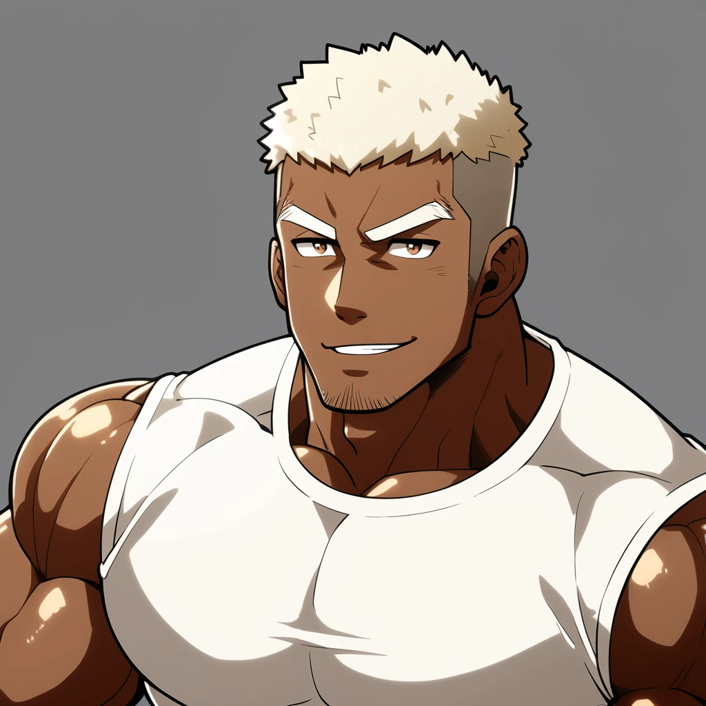 Young negro,anime characters:Gyee, Fitness coach, negro black skin, 1 muscular tough guy, Manliness, male focus, Cream White Sleeveless Tight T-Shirt, Very tight, The pectoral muscles are oversized, Slightly transparent, muscular male, muscular, only, Upper body, alone, White short hair, Thick eyebrows, stubble, Brown eyes, Grey background, simple background, amazing quality, best aesthetics, Ridiculous, bright pupils, crew cut, parted lips, seductive smile, torogao, naughty face, drop shadow, best quality