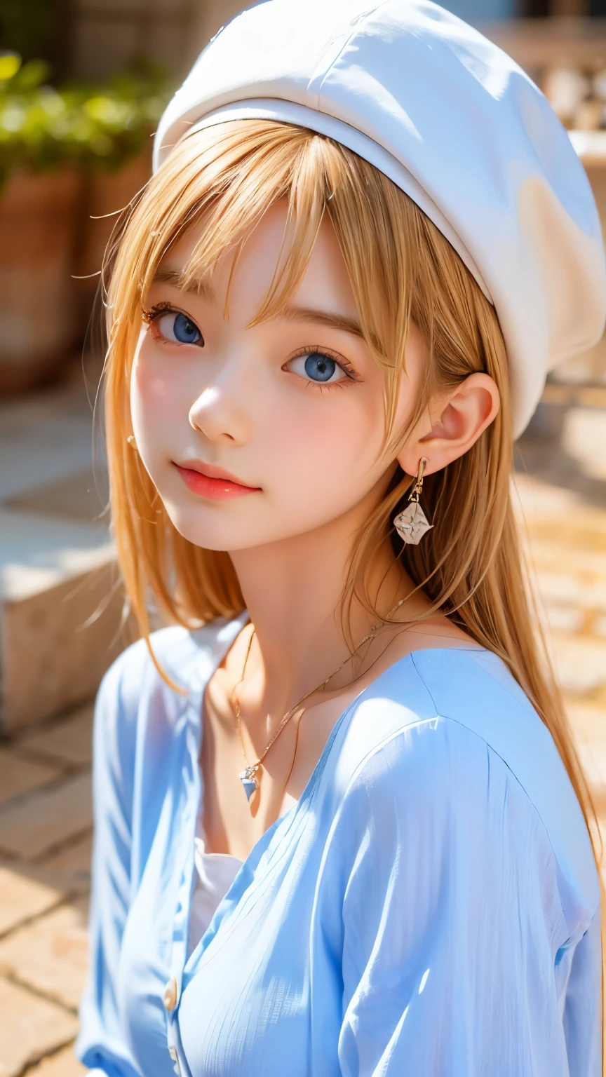 Portrait of a blonde girl in a white hat and a blue shirt , earrings, necklace