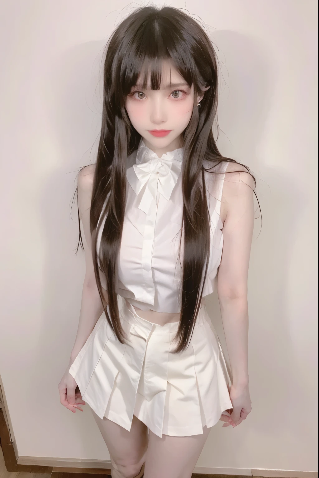 Beautiful woman with perfect body：1.4，Layered Hairstyle，Highly detailed face and skin textures，Double eyelids，Skin Whitening，Long hair，Whitened long legs，（Uniforms，Super short pleated skirt，Collar），Standing by the sea