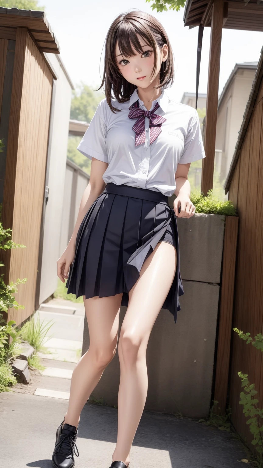 8K quality、High resolution、Realistic skin texture、High resolutionの瞳、A woman with a mature appearance、Japanese summer high school girls uniform、Princess Hair、thin、Realistic female genitalia、No underwear、Small breasts、Small breastsの谷間、Brown Hair、thin脚、Sweating profusely、Sweat accumulates in the chest、Evening schoolyard、Bare feet、Full body photography、Wet clothes、Put your shoes back on