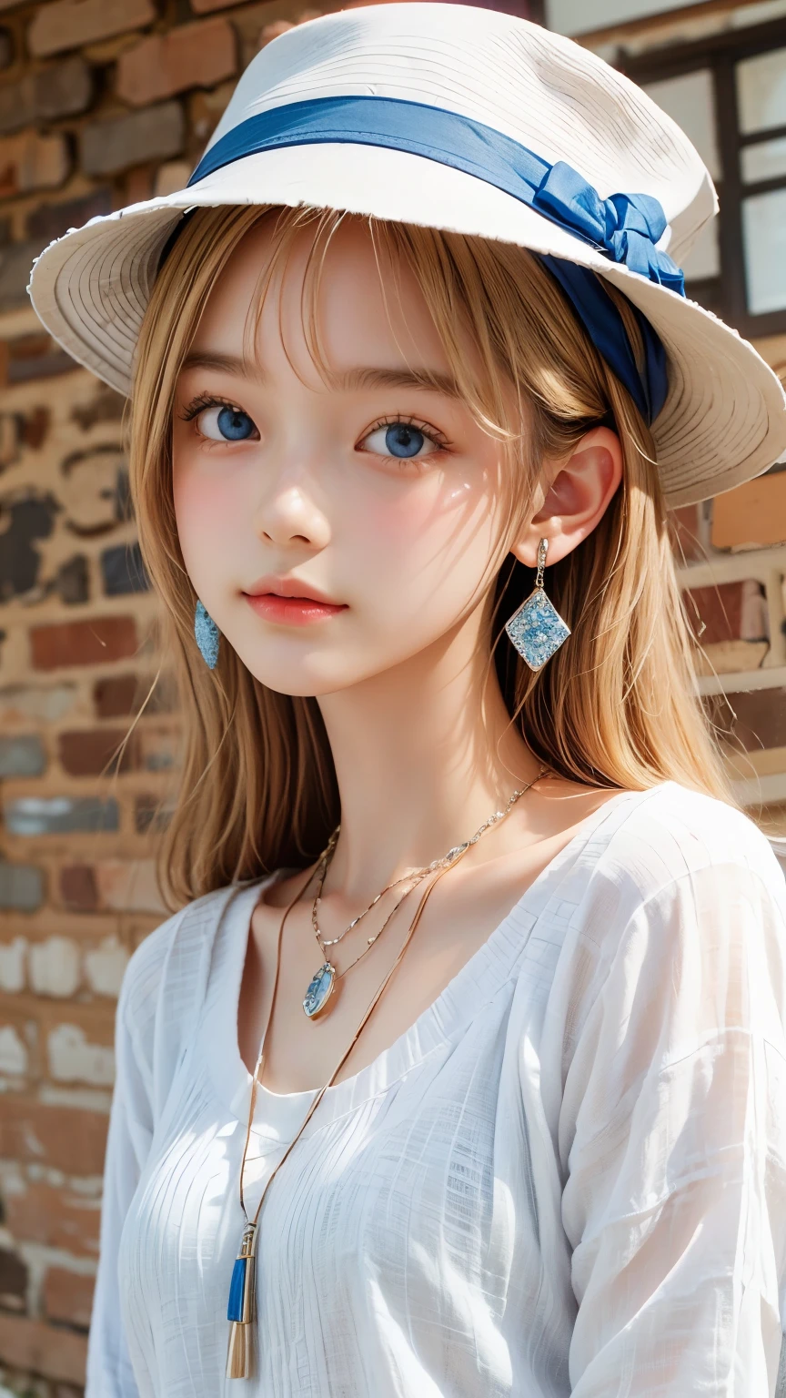 Portrait of a blonde girl in a white hat and a blue shirt , earrings, necklace