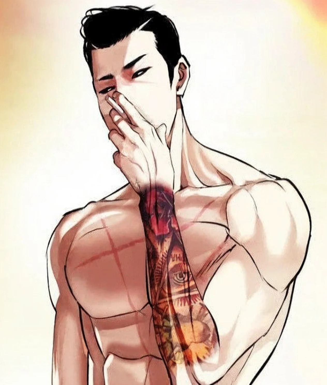 The guy in the photo is in real life. Korean. With a scar. Tattoos as in the photo. Pumped up. Athletic body. Press. Smokes cigarettes. Exactly as in the photo. Real. In real life. Reality. High quality.
