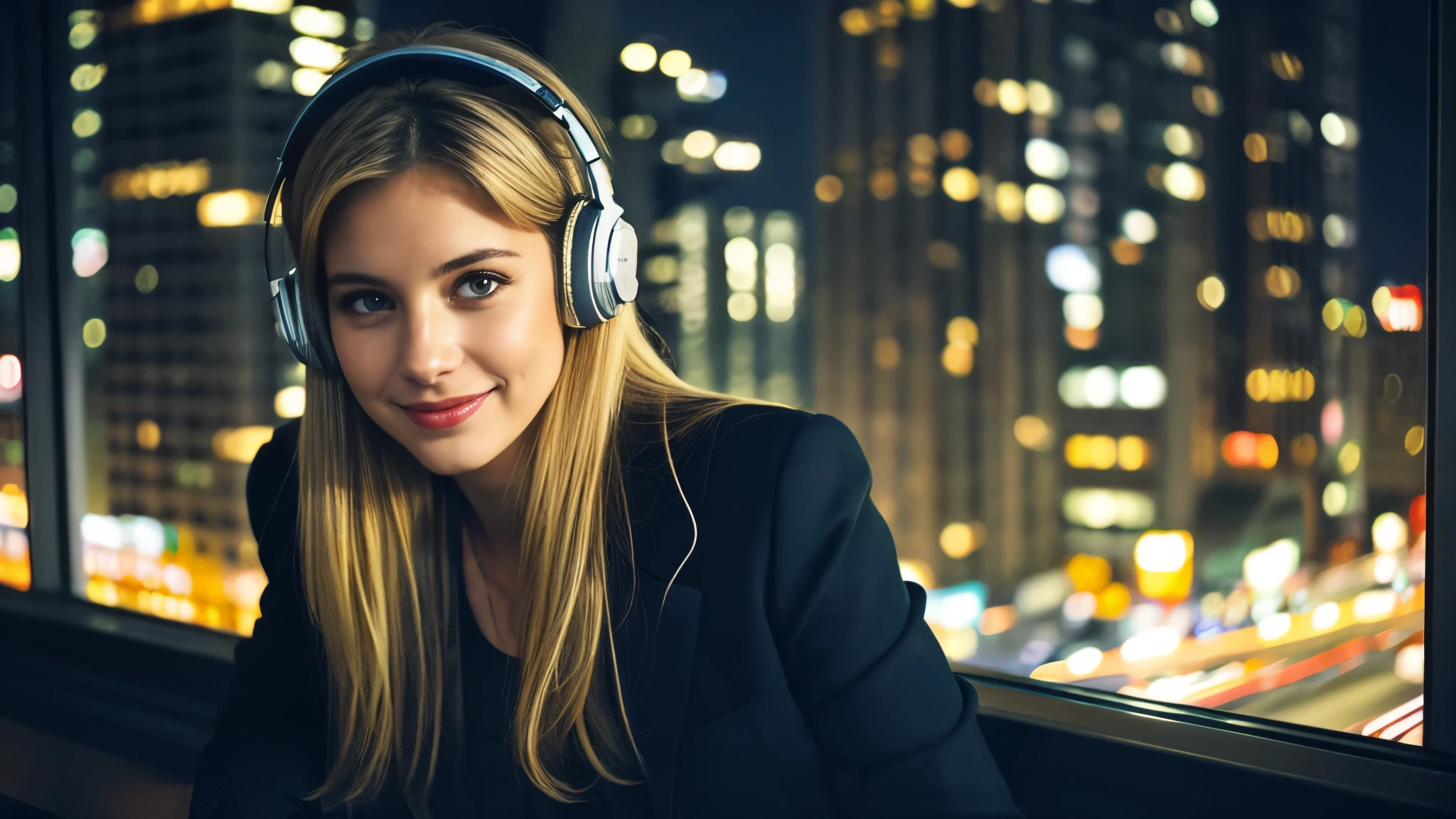 Beautiful blonde with big breasts in a black suit (Big city at night、View of the big city from inside the room),Wearing headphones,Very detailed, 21 years old, Innocent face, Naturally Wavy Hair, blue eyes, High resolution, masterpiece, Highest quality, Intricate details, Very detailed, Clear focus, Delicate skin, practical skin texture, texture, Delicate eyes, Professional, 4K, Cute Smile, Shot with Canon, 85mm, Shallow and deep, Kodak Vision Color, Exactly, Very detailed, photograph_\(Extremist\), photographpractical, practical, Post-processing, Maximum details, Roughness, Real Life, Extremist practical, Photorealism, photographgraphy, 8K Ultra HD, photographgraphy