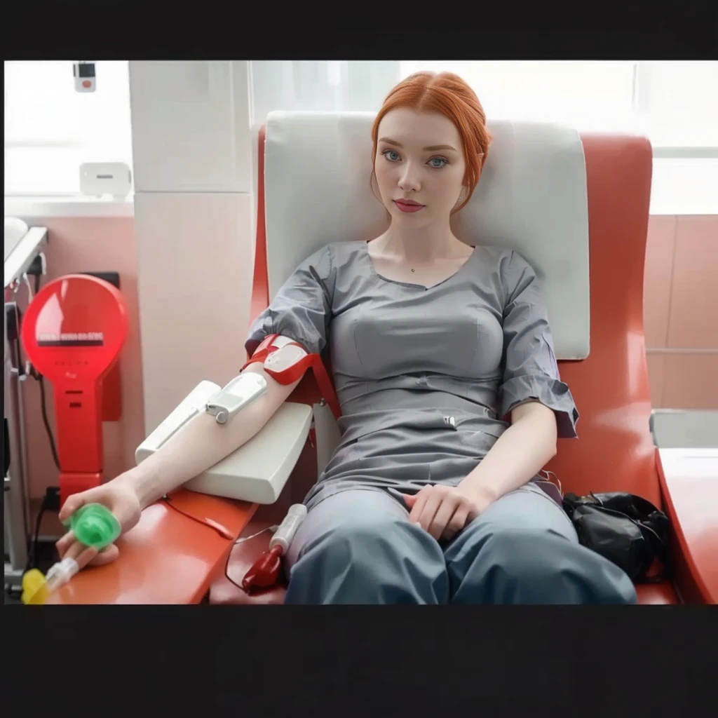 there is a woman sitting in a chair with a blood pressurer, with an iv drip, eleanor tomlinson, anna nikonova aka newmilky, red blood, young beautiful amouranth, better known as amouranth, photo shot, red cross, colored photo, amouranth, ❤🔥🍄🌪, iv drip, color photo, #oc