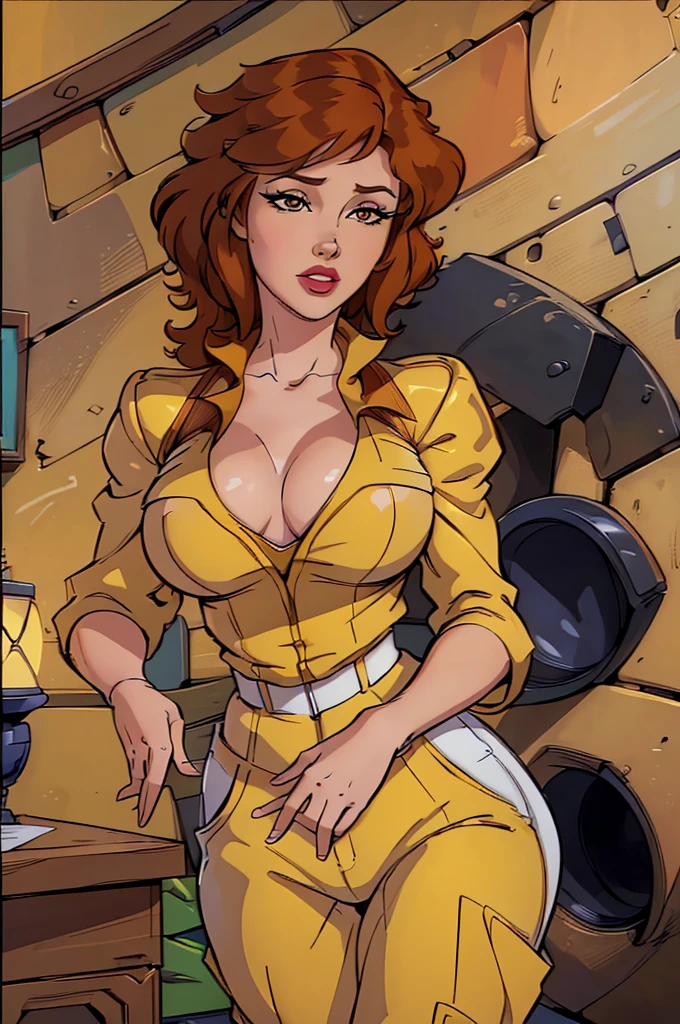 Thin woman, age 25, 4K (High definition), thoughtful, seducing gaze, eyes browns, wearing a yellow dress with a boat neck (with golden buttons) and short sleeves, arms positioned at the side of the body, brown skin, black curly hair to the shoulders, bare-kneeled, full of curves with freckles on her chest and neck, round breasts. High-quality Marvel style, white background.