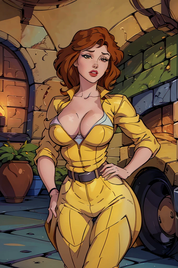 Beautiful young woman, April O'Neill, (beautiful detailed eyes), (beautiful detailed lips), (extremely detailed eyes and face), (long eyelashes), long brown hair, (Red lipstick), (Brown eyes), Yellow jumpsuit (Rolled-up sleeves),open chest,big nipples, (Channel 6 News), (Classic TMNT cartoon from the 1980s), (Best quality, 4K, 8K, a high resolution, masterpiece:1.2), ultra detailed, (Realistic, photoRealistic, photo-Realistic:1.37), (HDR), (UHD), (Studio lighting), (very detailed description), (professional), (bright colors), (hips), (portraits), (Concept Artists), (bright, Warm colors), (soft, diffused lighting).erotica