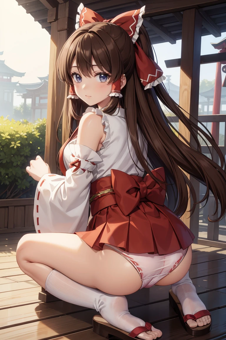 reimu hakurei, (Brown eyes:1.5), Brown Hair, bow, hair bow, Hair Tube, Long Hair, red bow, Side Lock,
Blake Ascot, Bare shoulders,Removable sleeves, embellished costume, Frills, kimono, Non-traditional Shrine Maiden, Red Skirt, Sandals, sarashi, mini skirt, socks, White sleeves, white socks, Wide sleeves,On all fours、 Backwards、look back、((Panty shot、Cute Panties))、
BREAK Watch Viewers,blush、Surprise face、
Outdoor rest, shrine,Cowboy Shot,Smile Break (masterpiece:1.2), Highest quality, High resolution, unity 8k wallpaper, (figure:0.8), (Beautiful attention to detail), Highly detailed face, Perfect lighting, Highly detailed CG, (Perfect hands, Perfect Anatomy),Dynamic pose,