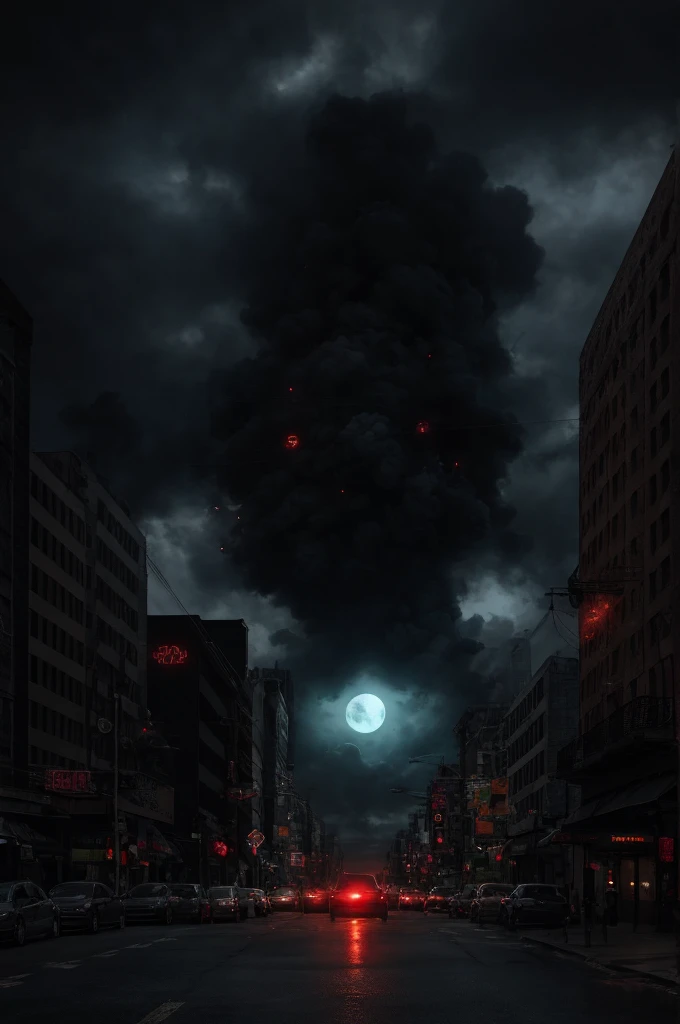 photo of several giant black otherworldly organic creatures with cable-like hanging tentacles flying through the streets of a metropolis after the apocalypse, a faint red sun barely shines through the cloud cover, highly detailed, cinemascope, moody, epic, photorealistic, color graded cinematic, atmospheric lighting, award winning photo, film grain