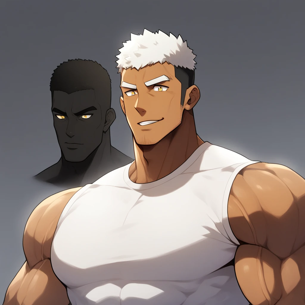 ?????，?????，?????，anime characters：Gyee, Fitness coach, ????? black skin, 1 muscular tough guy, Manliness, male focus, Cream White Sleeveless Tight T-Shirt, Very tight, The pectoral muscles are oversized, Slightly transparent, muscular male, muscular, only, Upper body, alone, White short hair, Thick eyebrows, stubble, Yellow eyes, Grey background, simple background, amazing quality, best aesthetics, Ridiculous, bright pupils, crew cut, parted lips, seductive smile, torogao, naughty face, drop shadow, best quality
