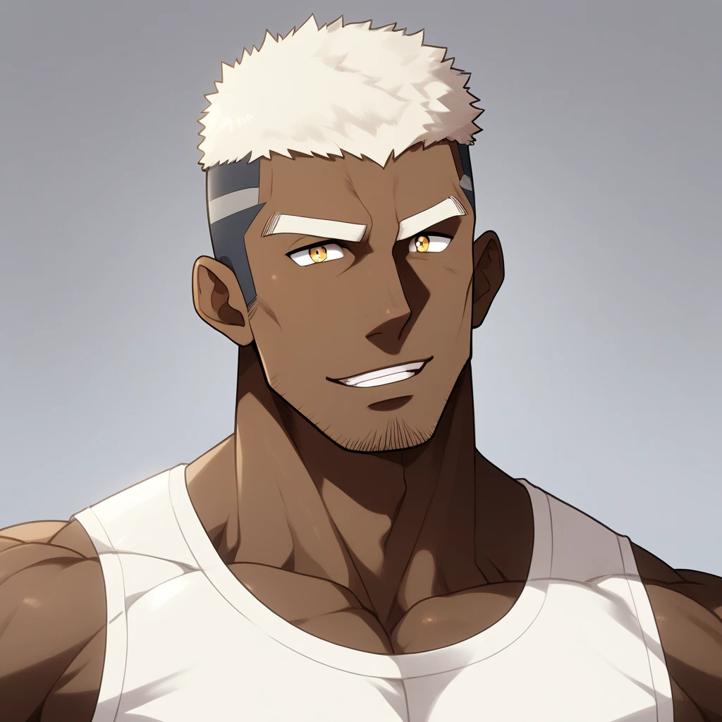 negro,negro,negro,anime characters:Gyee, Fitness coach, negro black skin, 1 muscular tough guy, Manliness, male focus, Cream White Sleeveless Tight T-Shirt, Very tight, The pectoral muscles are oversized, Slightly transparent, muscular male, muscular, only, Upper body, alone, White short hair, Thick eyebrows, stubble, Yellow eyes, Grey background, simple background, amazing quality, best aesthetics, Ridiculous, bright pupils, crew cut, parted lips, seductive smile, torogao, naughty face, drop shadow, best quality