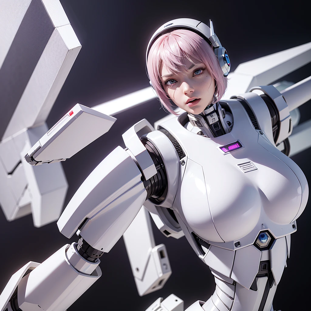 a girl with a full white cyborg body, featuring sleek and high-tech components. She has short pink hair, purple eyes, and an angry expression. She is wearing a robot mask that partially obscures her face, with her polished mechanical limbs and torso emphasizing her intense emotions. ((white robot mecha face mask)), ((white cyborg body))