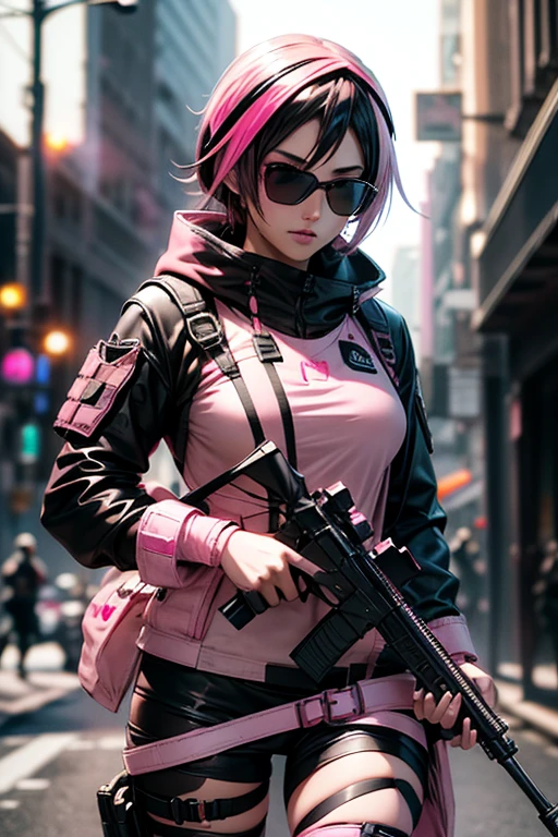 8K, UHD, masterpiece, 1 girl, detailed face, smart face, ((sunglasses)), detailed eyes, sniper rifle in hand, battleroyal, call of duty cosplay, call of duty modern warfare 3, ((ghost tribe)), ((pink and black cosplay:1.5)), belts, gun, methic gun, futuristic art, cyberpunk lihting, ultra extreme graphics, RTX 4090, ray tracing, bloom, depth of field, motion blur,