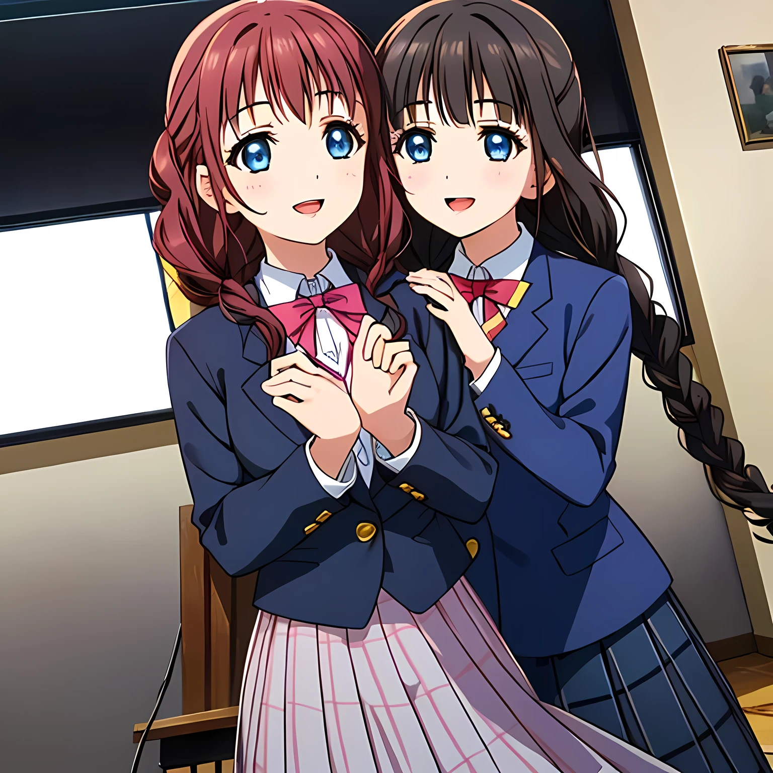(highest quality, masterpiece:1.2), highest quality, High resolution, 1080p, 8K, Height: 158cm, ((High-definition game CG)), ((Like a beautiful girl dreaming of a game heroine、A very intelligent, very noble, pretty and pure beautiful girl.、With the best smile、Looking at the audience、Hands over their mouths)), A face that everyone loves, Glossy lips, Even bangs, ((Very beautiful blue eyes)), The very large red shiny wide ribbon bowtie is very cute., ((Black Hair)), ((long twin braids)), (((A long, neat, dark navy blue checked pleated skirt))), (((Dark blue winter long sleeve blazer))), How to wear a neat uniform, Extremely lustrous, shiny game heroine lips, A girl with her open hand over her open mouth, like a game heroine, Ribbon in hair, Tight waist, slender, The ribbon is big and very pretty., Beautiful hair like a hair model, Long skirt, ((The background is a pink space with a succubus))