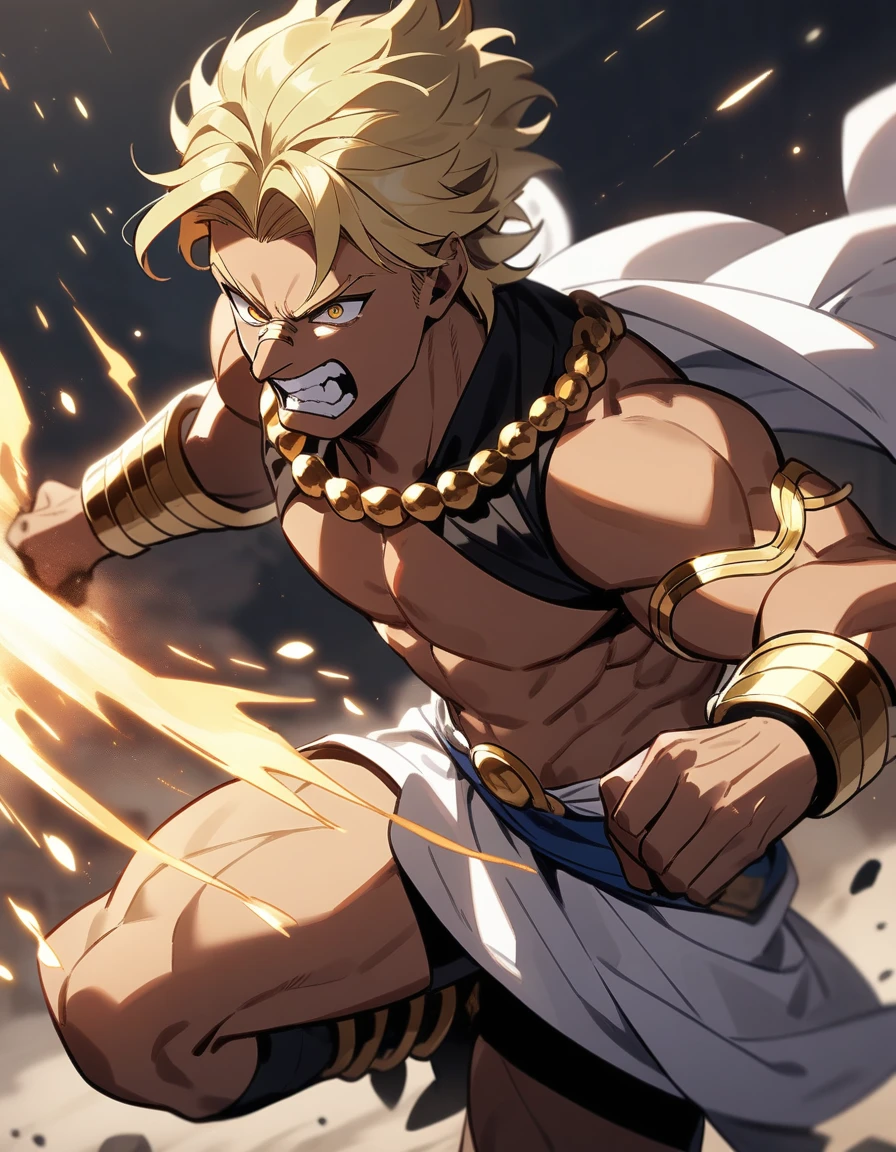 Greek semi-god Hecules with blonde hair, golden eyes, strong body and tanned skin and golden bracelets on his wrists, with a bloody nose and going on the attack