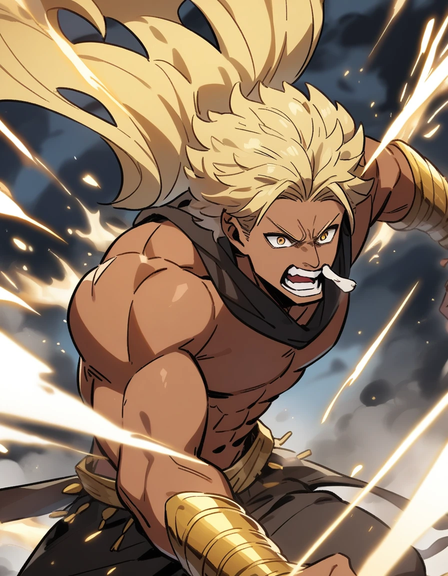 Greek semi-god Hecules with blonde hair, golden eyes, strong body and tanned skin and golden bracelets on his wrists, with a bloody nose and going on the attack