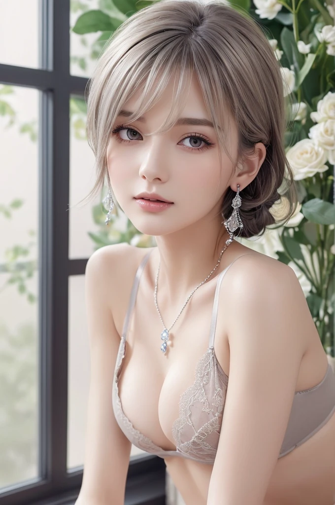 gray lace thong&bra, (((Very elegant and beautiful, Perfect detail, Super detailed))), whole body, The most detailed girl, Depth of written boundary, 美しく詳細なwhole body, Thin legs, 1 girl, 30 years old, Very short hair, Spiked Hair, Gray and silver hair, Beautiful detailed hair, Perfect Face, Expressionless, Beautifully detailed deep eyes, Open your mouth a little, Delicate arms and hands, Pale skin, Earrings, Beautiful and gorgeous necklace, Colorful background, HD background, Blurred Background, Very delicate and beautiful, Masterpiece, (((Highest quality, Very beautiful 8K CG wallpaper))), (((Trendy hairstyles))), (Inside the room,Stylish interior,window),