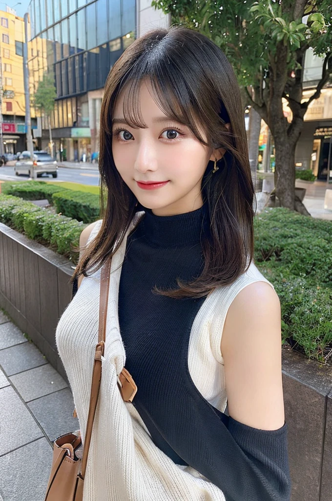 ((paisura))、Big Tits、(Carry your bag diagonally)、double eyelid、big 、Highest quality, shape, Very detailed, Fine details, High resolution, 8k, Perfect dynamic composition, Beautiful details, ,Natural color lip, A shy smile,Beautiful 20 year old woman、The only person, Correct posture、Cute type、Looking into the camera、Turtleneck Sleeveless、Black Hair、Upper Body