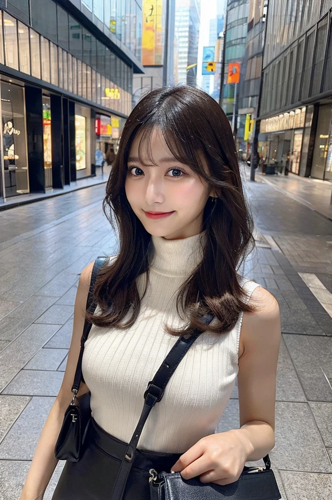 ((paisura))、Big Tits、(Carry your bag diagonally)、double eyelid、big 、Highest quality, shape, Very detailed, Fine details, High resolution, 8k, Perfect dynamic composition, Beautiful details, ,Natural color lip, A shy smile,Beautiful 20 year old woman、The only person, Correct posture、Cute type、Looking into the camera、Turtleneck Sleeveless、Black Hair、Upper Body