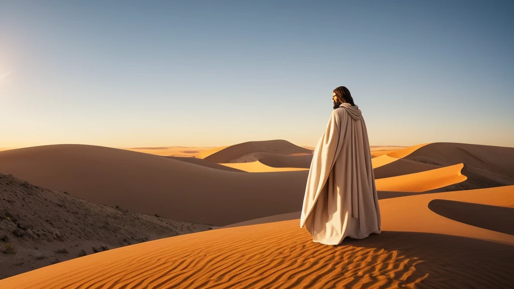 "Create a panoramic image of Jesus in the desert. The image should capture the vastness of the desert, with golden sand dunes and a vast, clear sky, with warm sunset tones. Jesus deve estar no centro da imagem, wearing simple and traditional clothes of the time, with a white cloak and a beige tunic. He must be in a position of contemplation, olhando para o horizonte, with a serene and introspective expression. No fundo, add some rocks and dry bushes to give more realism to the desert landscape. A cena deve transmitir um senso de isolamento, peace and spiritual reflection."