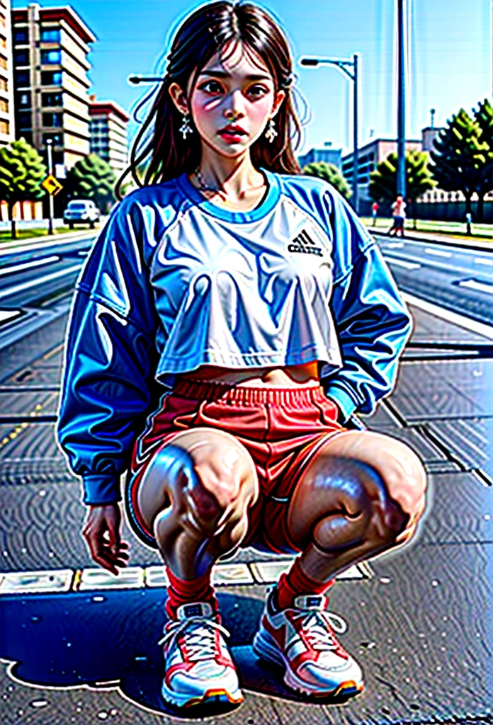 Best quality,masterpiece,16k,A girl,Wear sportswear,Squat on the street,