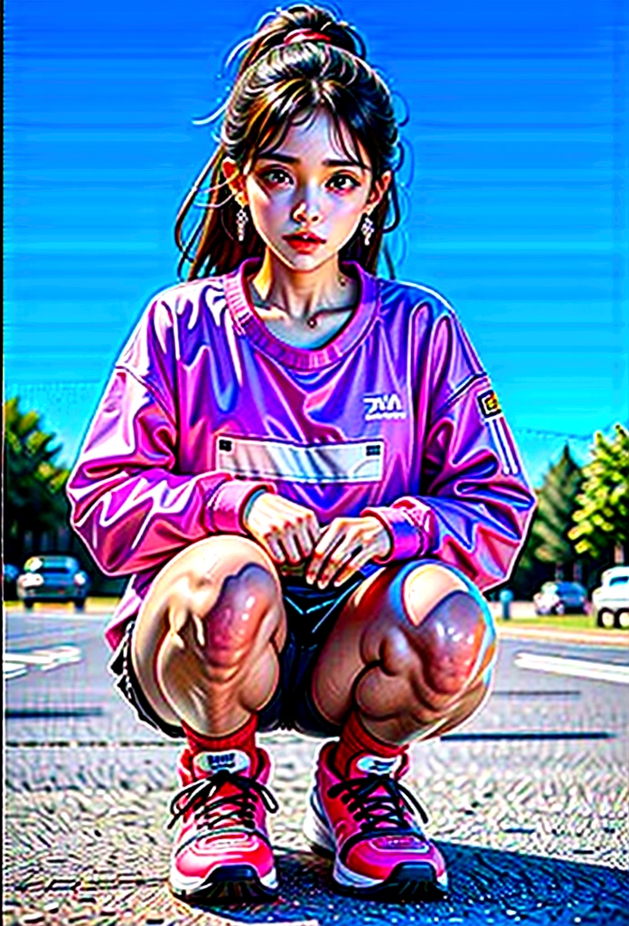 Best quality,masterpiece,16k,A girl,Wear sportswear,Squat on the street,