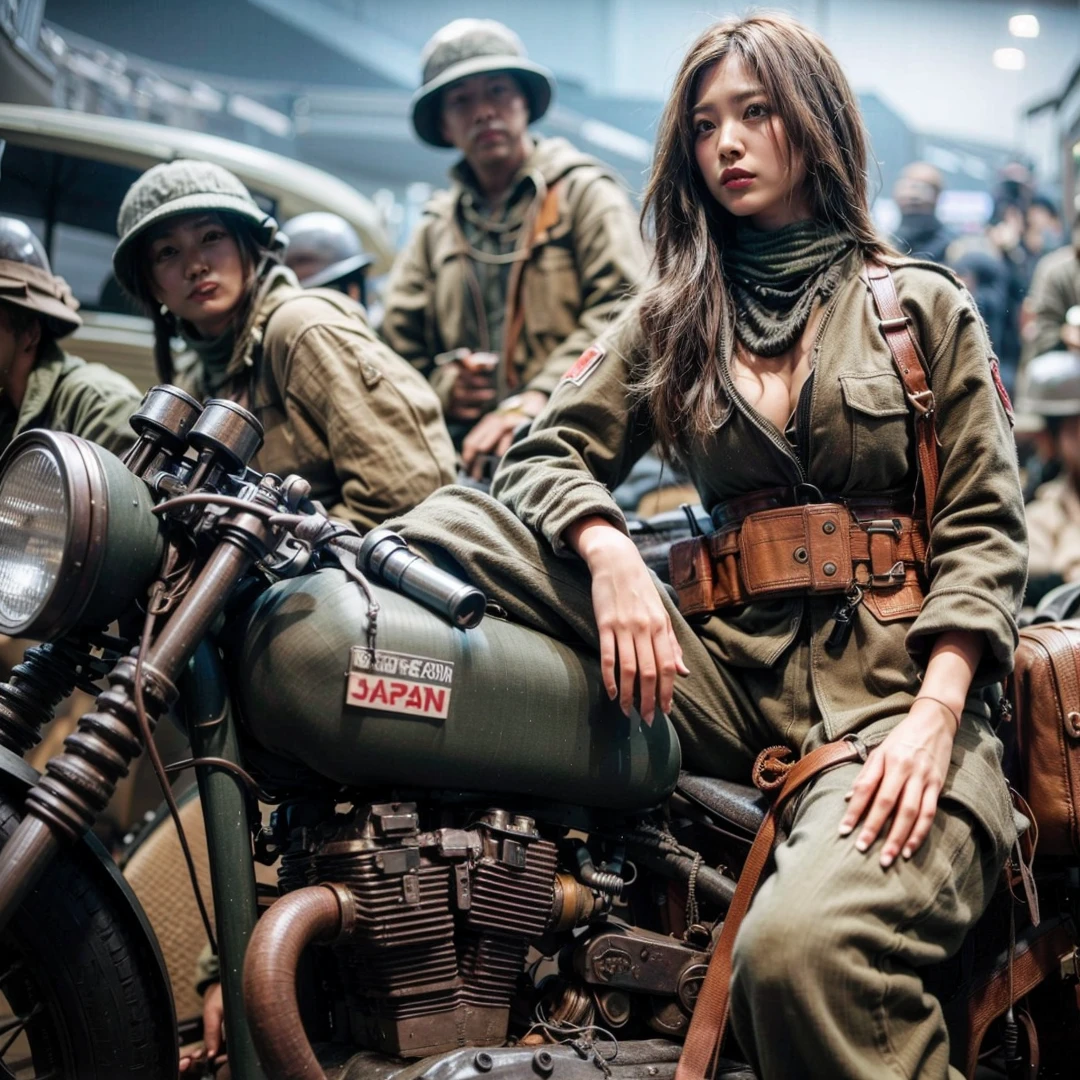 Dystopian night scene, very intricate details, Japanese woman wearing model-like armor, beautiful face, legs, cylinders that look like muscles, pose in motion, 8k, ultra high resolution, super realism, realistic photo, taken with Fuji film X-T30.+Nokton. HDR10