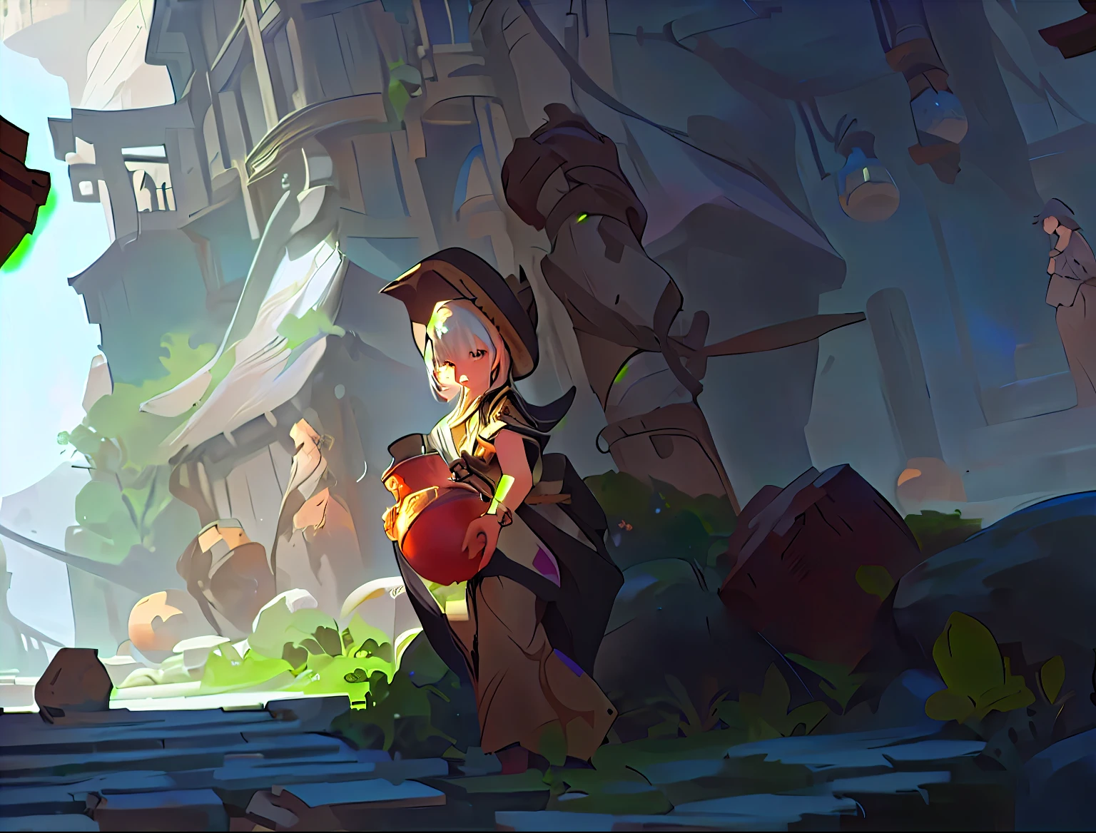 There is a cartoon picture of a woman holding a jar, Illustration Concept Art, Fantasy game art style, 2D Concept Art, 2D Game Fan Art, Digital 2D fantasy art, Concept Art Digital Illustration, 魔幻 2D Concept Art, Artwork in the style of Guweiz, Character ink art, detailed Digital 2D fantasy art, Digital Concept Art