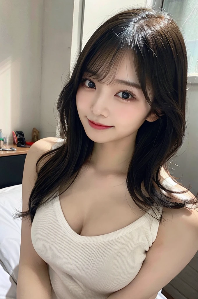 nsfw、Big Tits、double eyelid、Highest quality, shape, Very detailed, Fine details, High resolution, 8k, Perfect dynamic composition, Beautiful details, ,Natural color lip, A shy smile,Beautiful 20 year old woman、The only person, Correct posture、Cute type、Looking into the camera、Long Black Hair、Wear a large white shirt over your naked body、bedroom