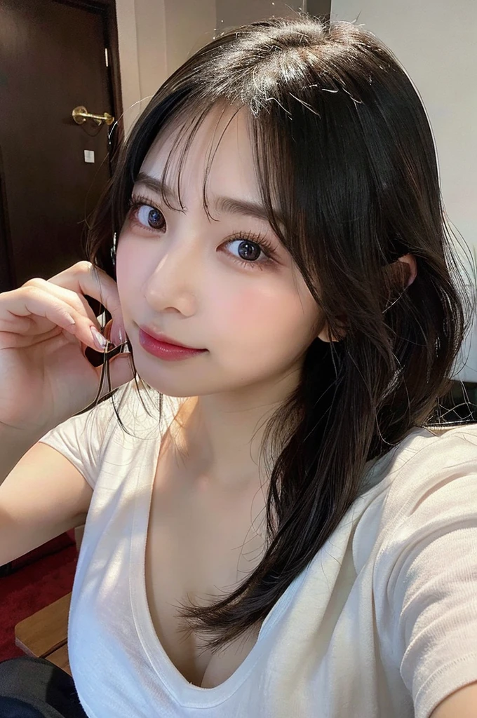 nsfw、Big Tits、double eyelid、Highest quality, shape, Very detailed, Fine details, High resolution, 8k, Perfect dynamic composition, Beautiful details, ,Natural color lip, A shy smile,Beautiful 20 year old woman、The only person, Correct posture、Cute type、Looking into the camera、Long Black Hair、Wear a large white shirt over your naked body、bedroom