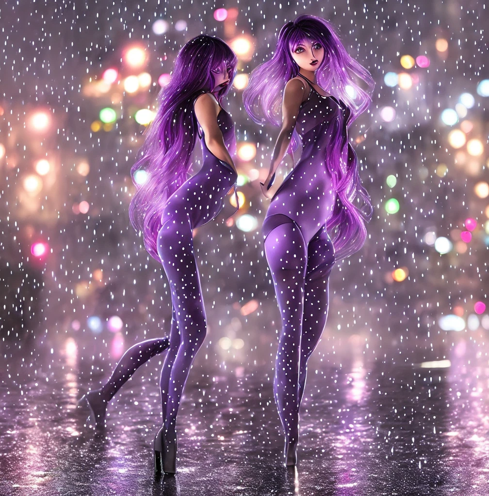 (1girl), masterpiece, photorealistic, 8k, (realistic: 1.2), full body, looking at viewer, pantyhose, purple hair, (kafka: 1.2), walking, beauty, (medium breasts: 1.2) night, night sky, city, cityscape, rain, (dramatic: 1.2)