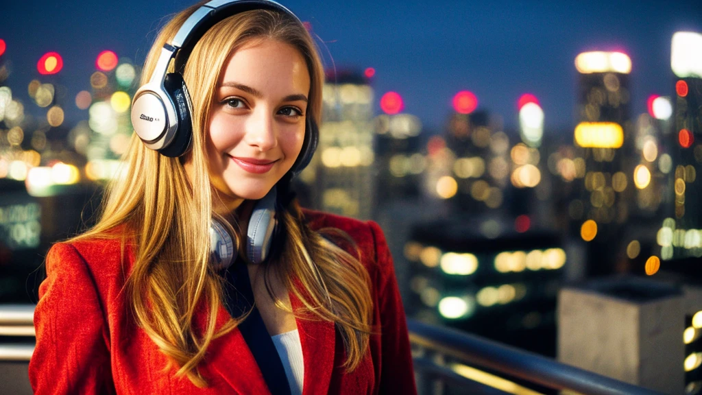 Beautiful blonde with large breasts in a gray suit (Big city at night、Rooftop、Sparkling scenery),Wearing headphones,Very detailed, 21 years old, Innocent face, Naturally Wavy Hair, blue eyes, High resolution, masterpiece, Highest quality, Intricate details, Very detailed, Clear focus, Delicate skin, practical skin texture, texture, Delicate eyes, Professional, 4K, Cute Smile, Shot with Canon, 85mm, Shallow and deep, Kodak Vision Color, Exactly, Very detailed, photograph_\(Extremist\), photographpractical, practical, Post-processing, Maximum details, Roughness, Real Life, Extremist practical, Photorealism, photographgraphy, 8K Ultra HD, photographgraphy