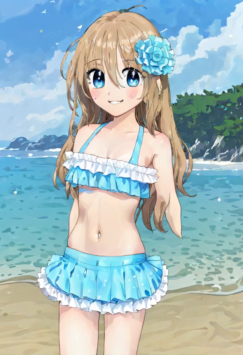 (masterpiece), best quality, 8k,(neuro-sama),(flat chest),fullbody,frilly bikini skirt, blue bikini,frilly bikini top,standing straight,beach,smiling,1girl,facing viewer,neuro_sama