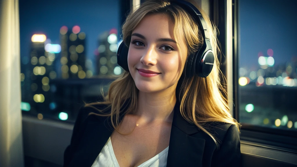 Beautiful blonde with big breasts in a black suit (Big city at night、View of the big city from inside the room),Wearing headphones,Very detailed, 21 years old, Innocent face, Naturally Wavy Hair, blue eyes, High resolution, masterpiece, Highest quality, Intricate details, Very detailed, Clear focus, Delicate skin, practical skin texture, texture, Delicate eyes, Professional, 4K, Cute Smile, Shot with Canon, 85mm, Shallow and deep, Kodak Vision Color, Exactly, Very detailed, photograph_\(Extremist\), photographpractical, practical, Post-processing, Maximum details, Roughness, Real Life, Extremist practical, Photorealism, photographgraphy, 8K Ultra HD, photographgraphy