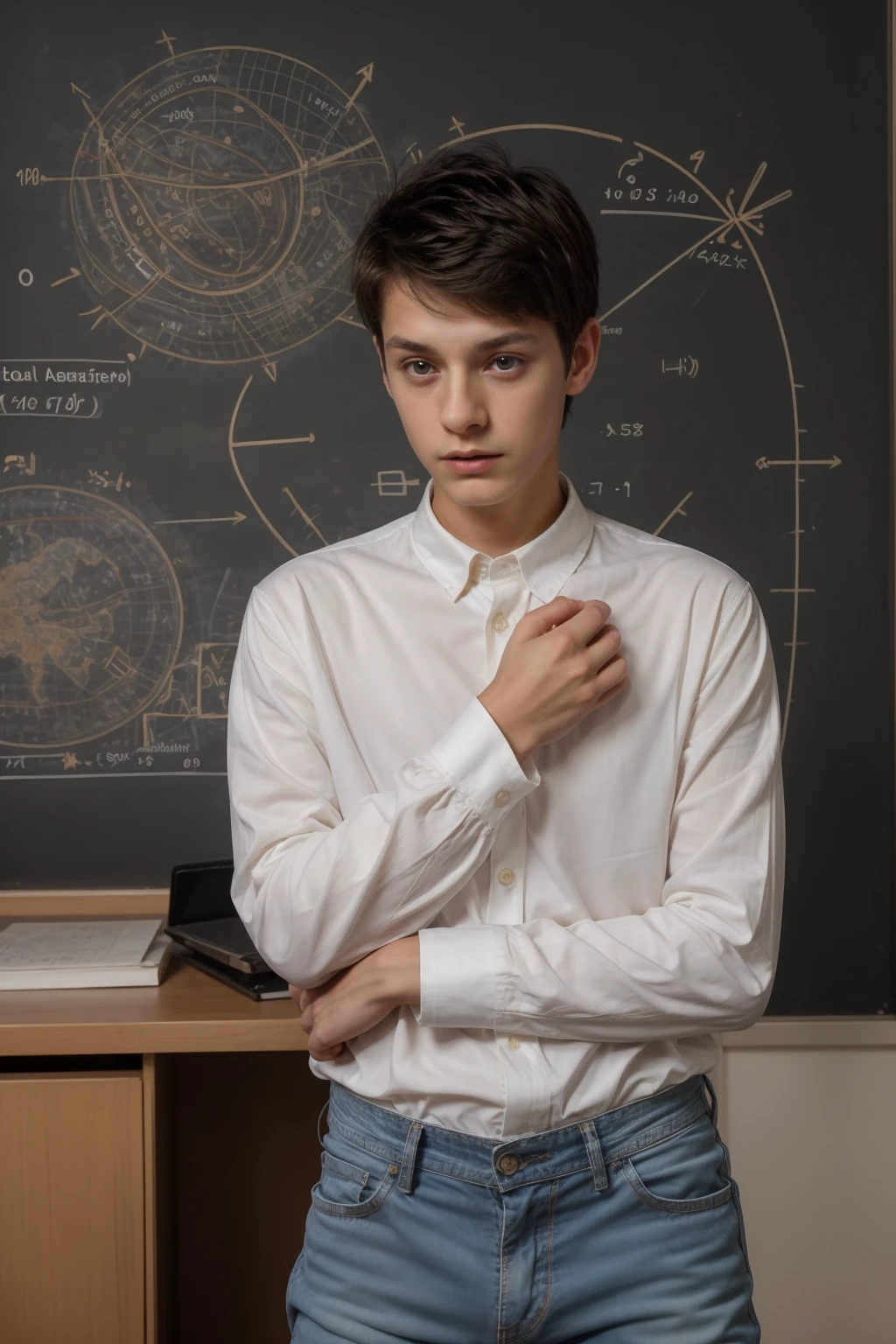 A young, cute, beautiful male twink with black hair, wearing a luxurious, bright white, long-sleeved shirt and jeans. He is in his office, and behind him is a blackboard with a mental map of calculus written on it. He looks in amazement and shock, and his eyes have dark circles under them.