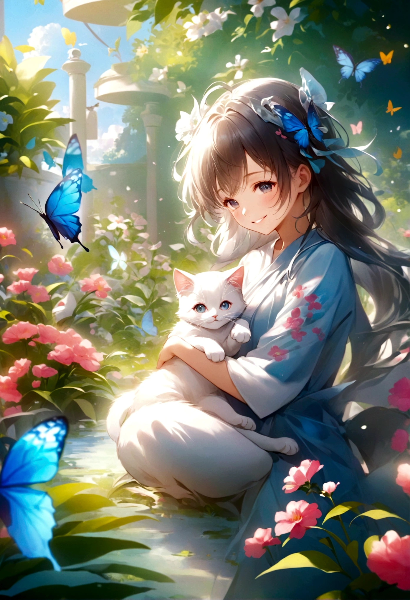 （Highest quality）Smiling anime girl with cat and butterfly in the garden、smile、Cute detailed digital art、Very beautiful anime cat girl、Anime style 4k、Soft anime illustration、guweiz style artwork、beautiful anime catgirl、anime art wallpaper 4k、anime art wallpaper 4k、Cute digital art、Anime fantasy illustration、Anime Art Wallpapers 8K