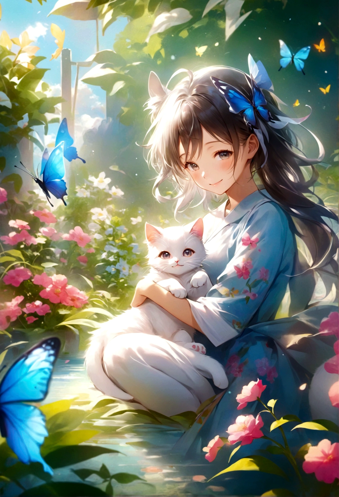 （Highest quality）Smiling anime girl with cat and butterfly in the garden、smile、Cute detailed digital art、Very beautiful anime cat girl、Anime style 4k、Soft anime illustration、guweiz style artwork、beautiful anime catgirl、anime art wallpaper 4k、anime art wallpaper 4k、Cute digital art、Anime fantasy illustration、Anime Art Wallpapers 8K