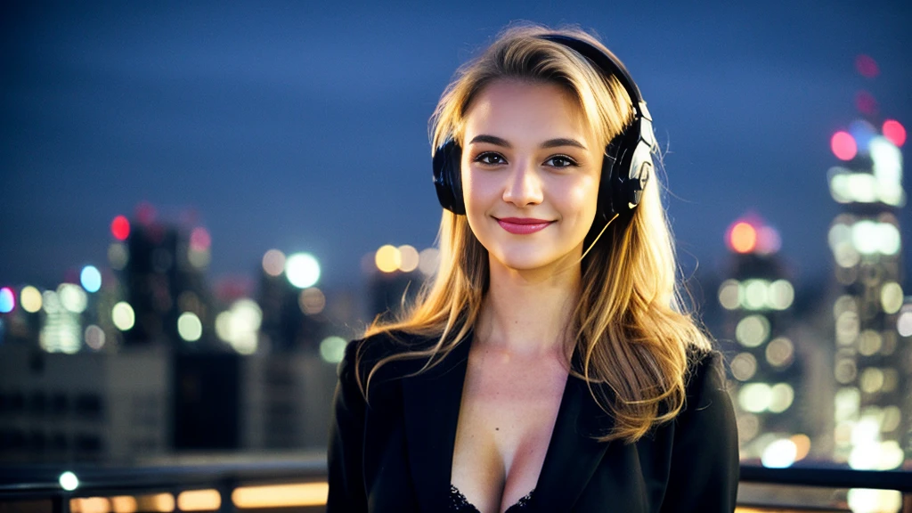 Beautiful blonde with big breasts in a black suit (Big city at night、Rooftop、Sparkling scenery),Wearing headphones,Very detailed, 21 years old, Innocent face, Naturally Wavy Hair, blue eyes, High resolution, masterpiece, Highest quality, Intricate details, Very detailed, Clear focus, Delicate skin, practical skin texture, texture, Delicate eyes, Professional, 4K, Cute Smile, Shot with Canon, 85mm, Shallow and deep,  Kodak Vision Color, Exactly, Very detailed, photograph_\(Extremist\), photographpractical, practical, Post-processing, Maximum details, Roughness, Real Life, Extremist practical, Photorealism, photographgraphy, 8K Ultra HD, photographgraphy