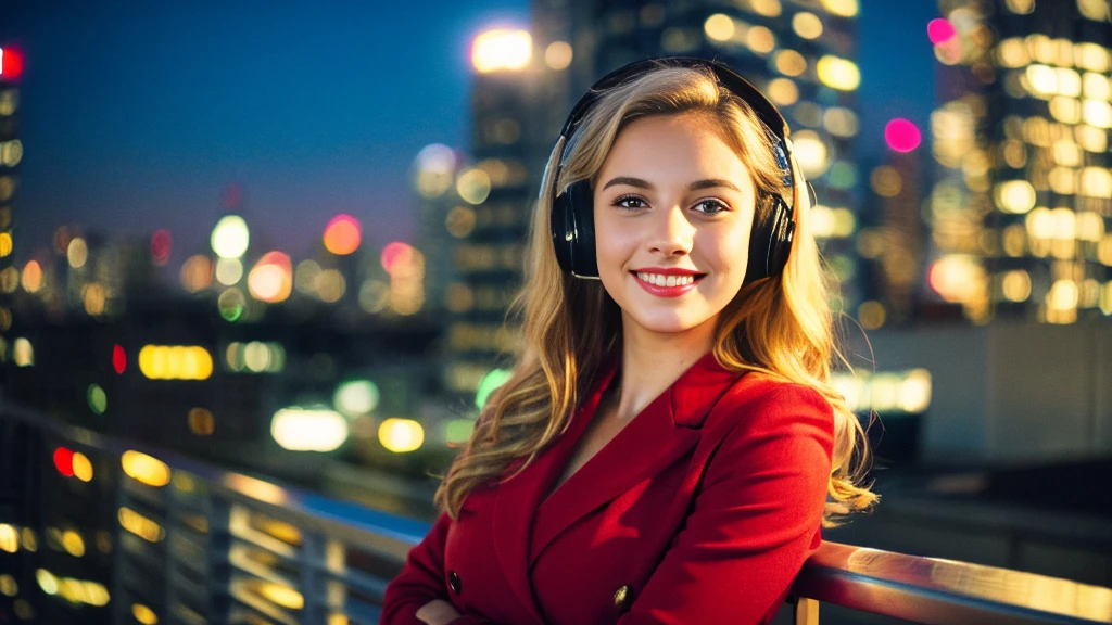 Beautiful blonde with big breasts in a red suit (Big city at night、Rooftop、Sparkling scenery),Wearing headphones,Very detailed, 21 years old, Innocent face, Naturally Wavy Hair, blue eyes, High resolution, masterpiece, Highest quality, Intricate details, Very detailed, Clear focus, Delicate skin, practical skin texture, texture, Delicate eyes, Professional, 4K, Cute Smile, Shot with Canon, 85mm, Shallow and deep,  Kodak Vision Color, Exactly, Very detailed, photograph_\(Extremist\), photographpractical, practical, Post-processing, Maximum details, Roughness, Real Life, Extremist practical, Photorealism, photographgraphy, 8K Ultra HD, photographgraphy